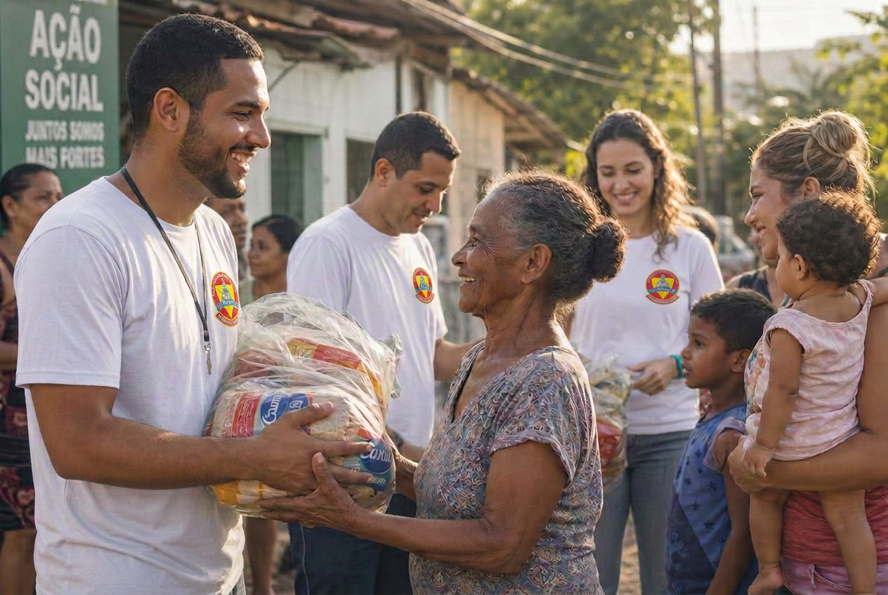 Voluntários entregando cestas de alimentos para famílias da comunidade