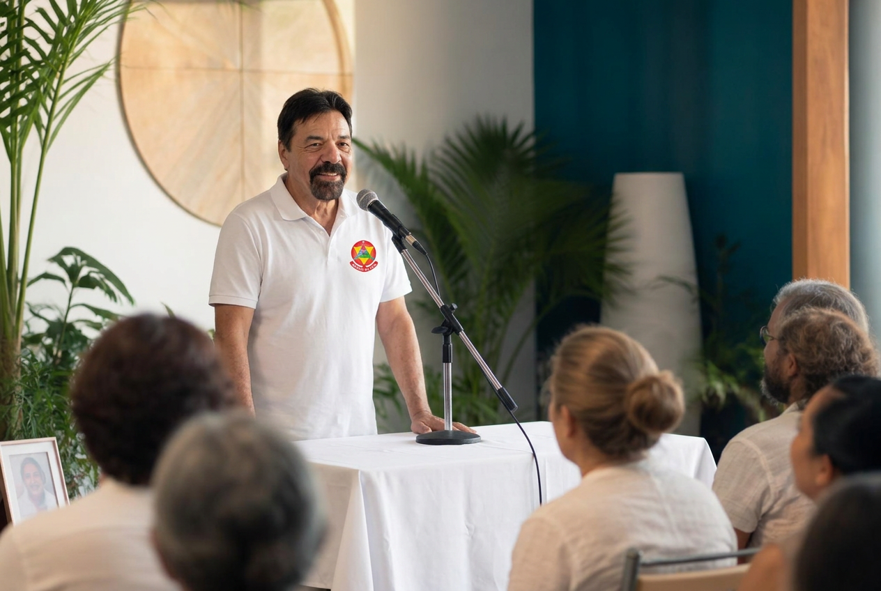 Palestrante falando a um público atento em ambiente acolhedor