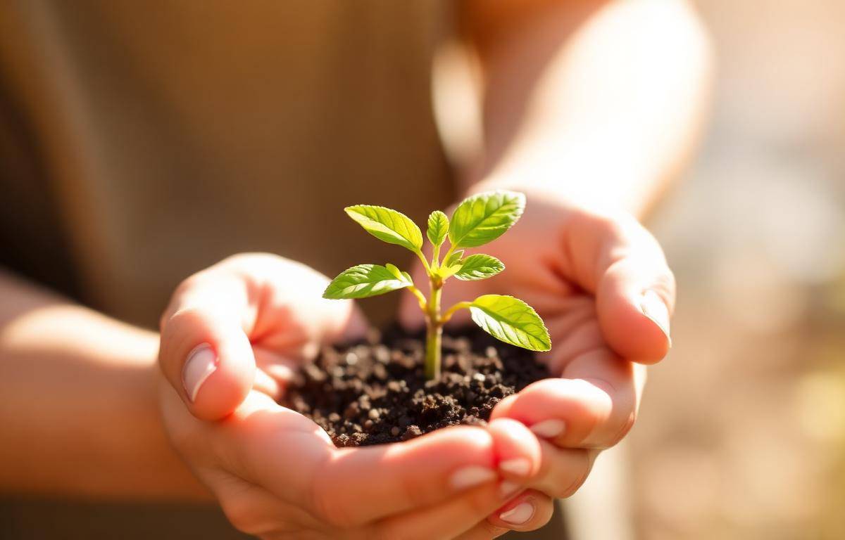 Mãos segurando uma muda verde — símbolo do trabalho social
